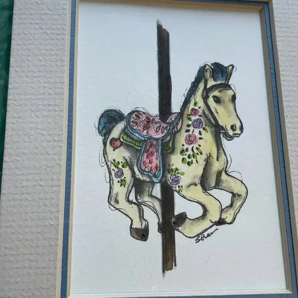 Yellow Carousel Horse 5x7 Matted Print Hand Watercolor, Signed Shar Coulson - Picture 3 of 8